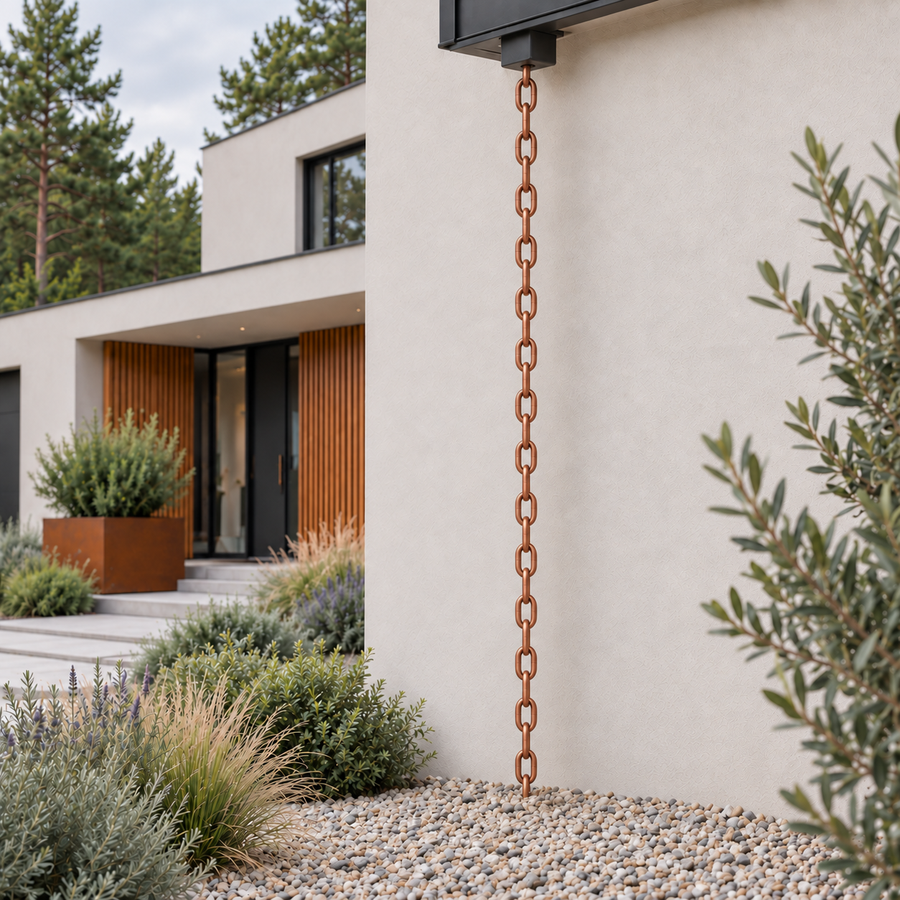 Copper Link Rain Chain — Pure Copper, Gutter Adapter Included