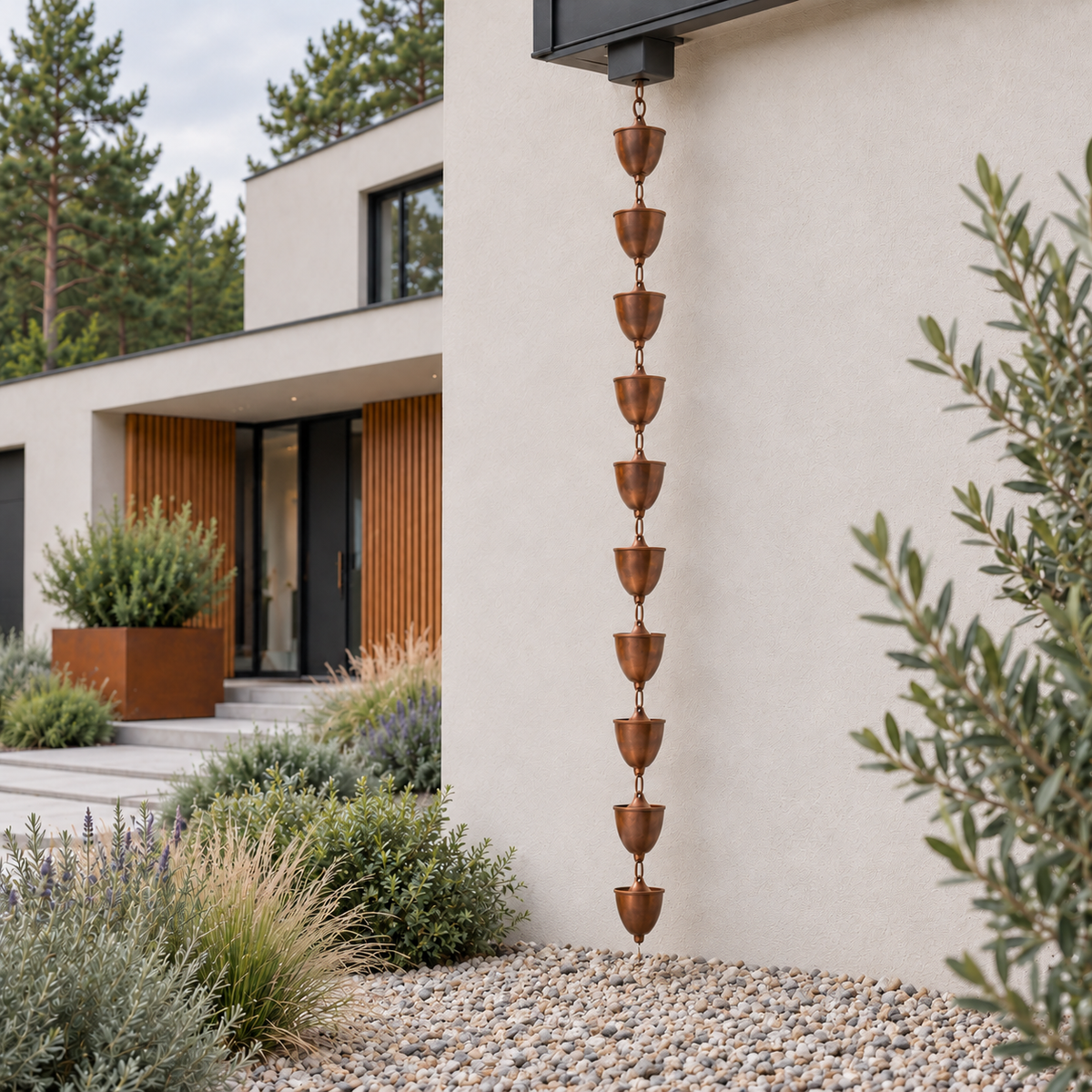 Copper Cup Rain Chain — Pure Copper, Gutter Adapter Included